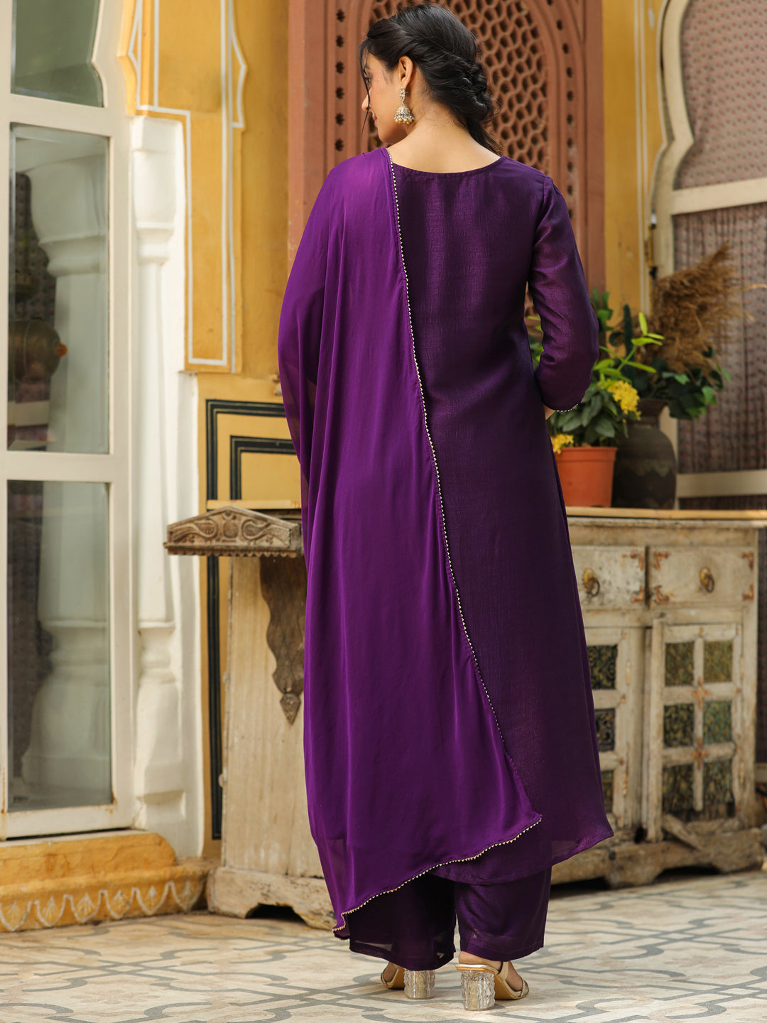 Purple Silk Blend Yoke Embroidered A-Line Kurta Set  - By Janasya