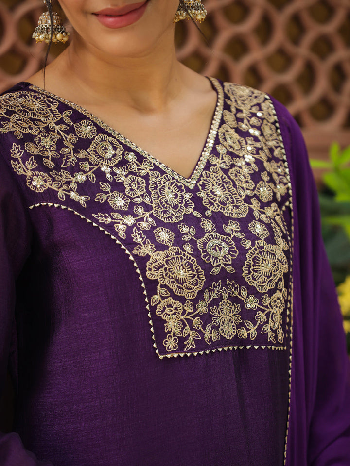 Purple Silk Blend Yoke Embroidered A-Line Kurta Set  - By Janasya