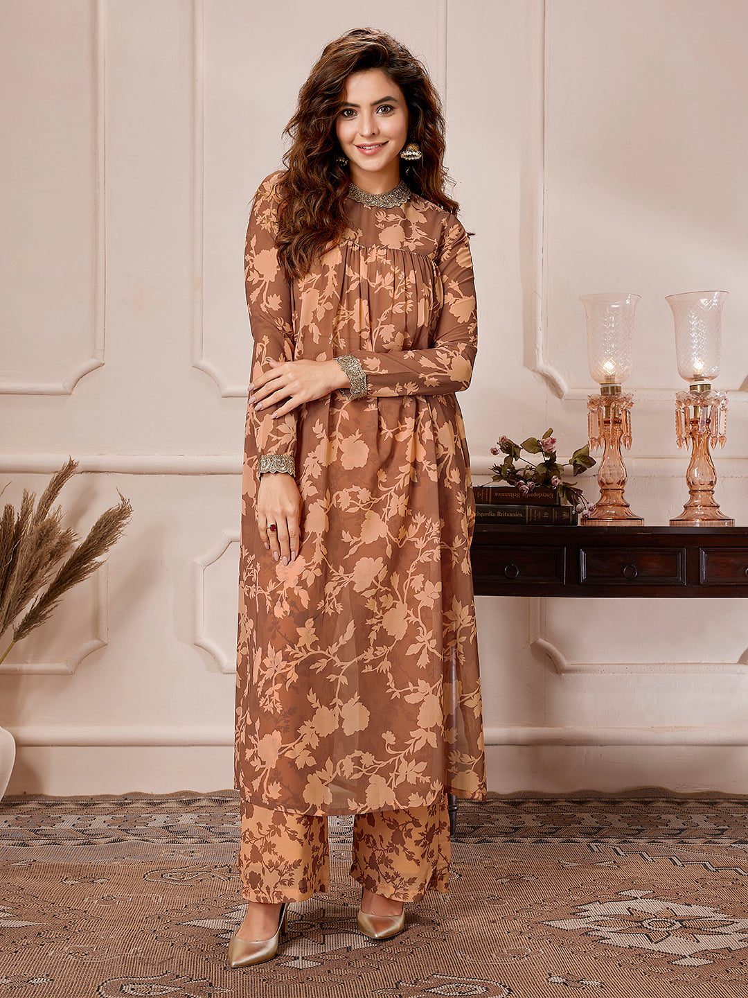 Brown Georgette Floral Printed Empire Kurta With Palazzo Set  - By Janasya