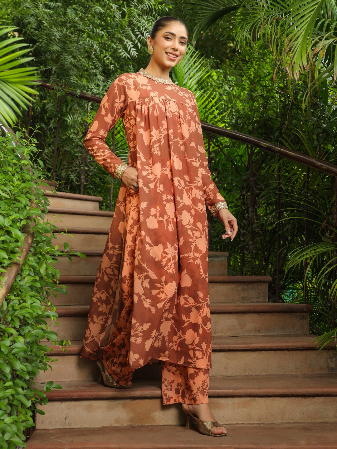 Brown Georgette Floral Printed Empire Kurta With Palazzo Set  - By Janasya