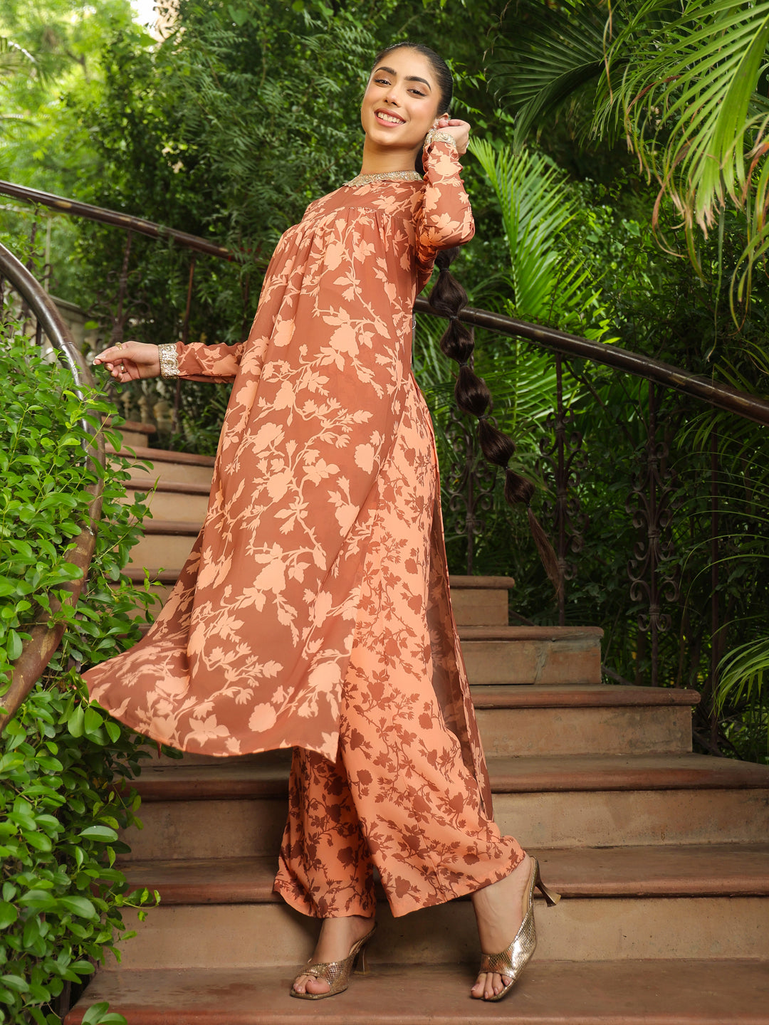 Brown Georgette Floral Printed Empire Kurta With Palazzo Set  - By Janasya