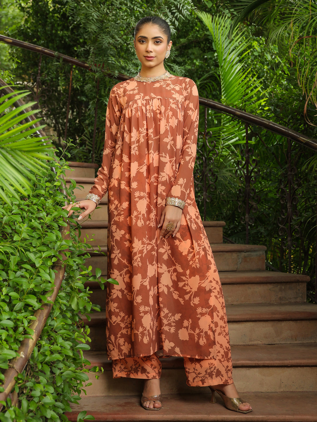 Brown Georgette Floral Printed Empire Kurta With Palazzo Set  - By Janasya