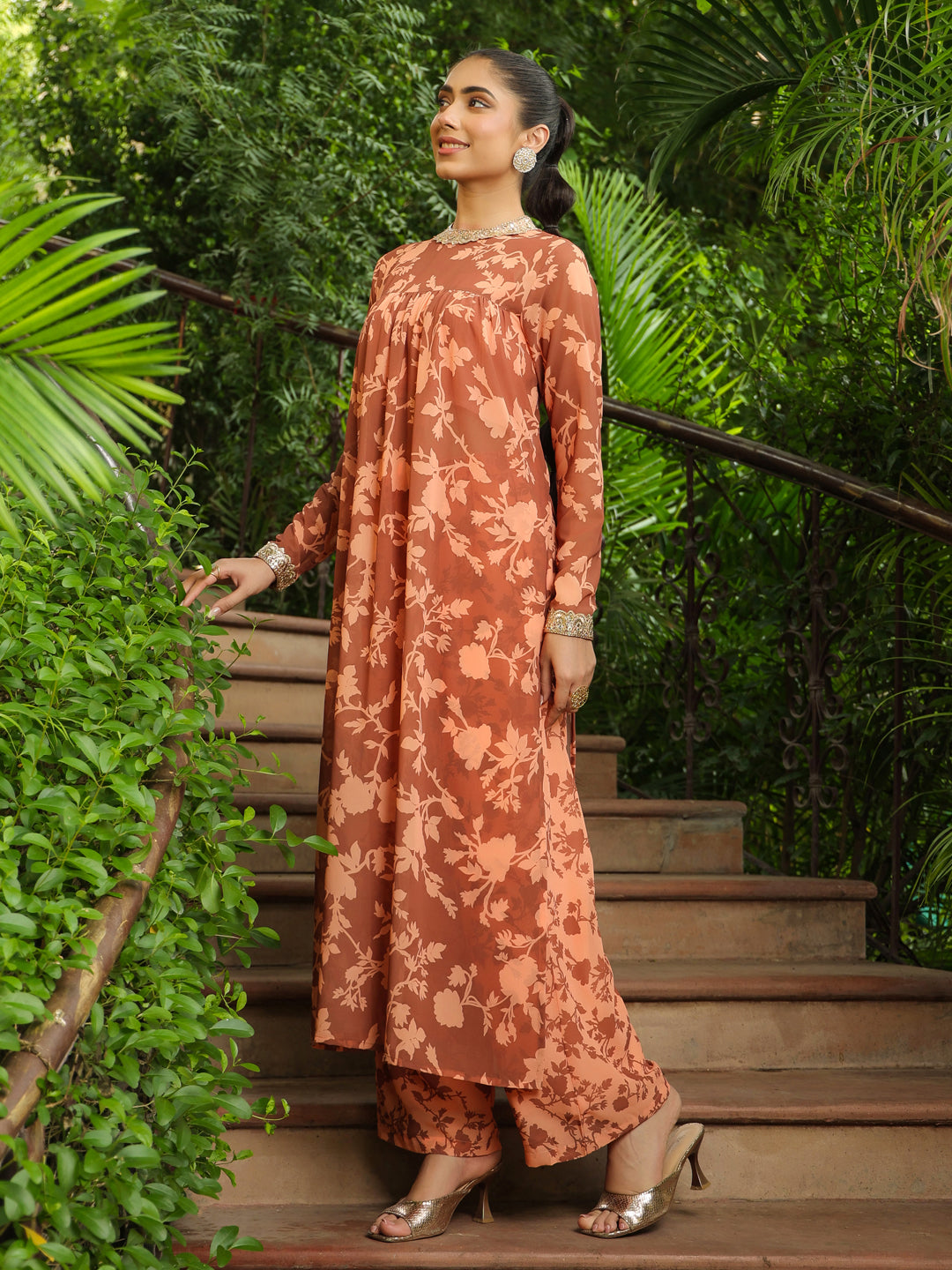 Brown Georgette Floral Printed Empire Kurta With Palazzo Set  - By Janasya