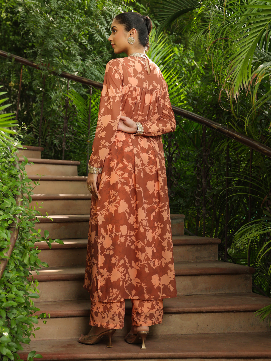 Brown Georgette Floral Printed Empire Kurta With Palazzo Set  - By Janasya