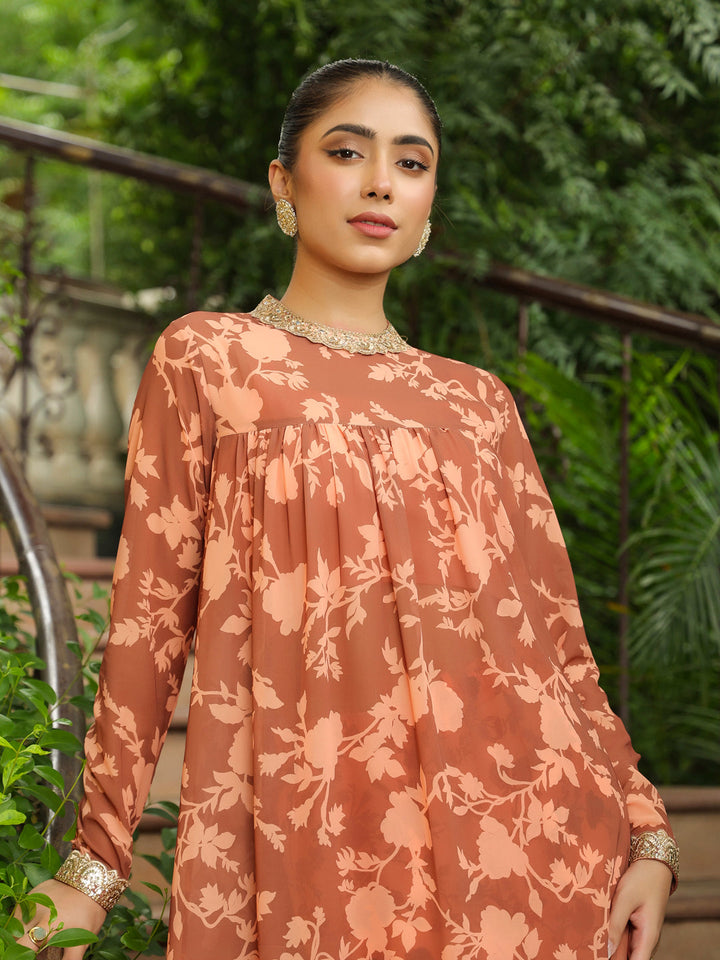 Brown Georgette Floral Printed Empire Kurta With Palazzo Set  - By Janasya