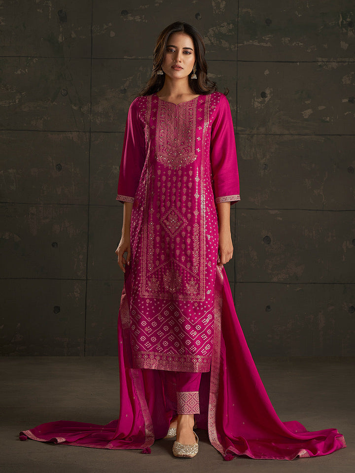 Pink Jacquard Ethnic Motifs Straight Kurta Set  - By Janasya