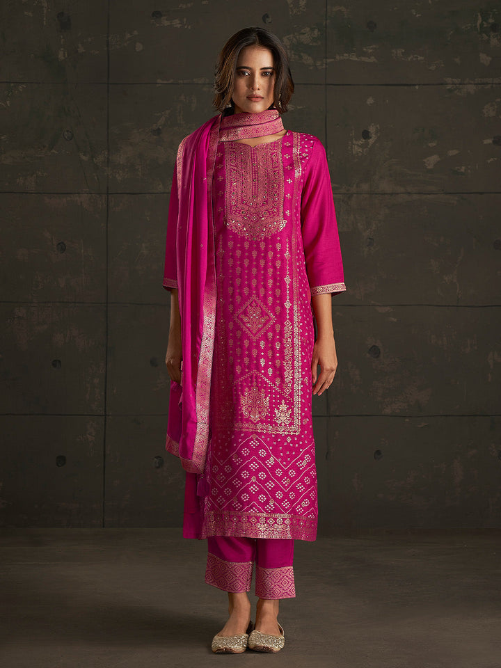 Pink Jacquard Ethnic Motifs Straight Kurta Set  - By Janasya