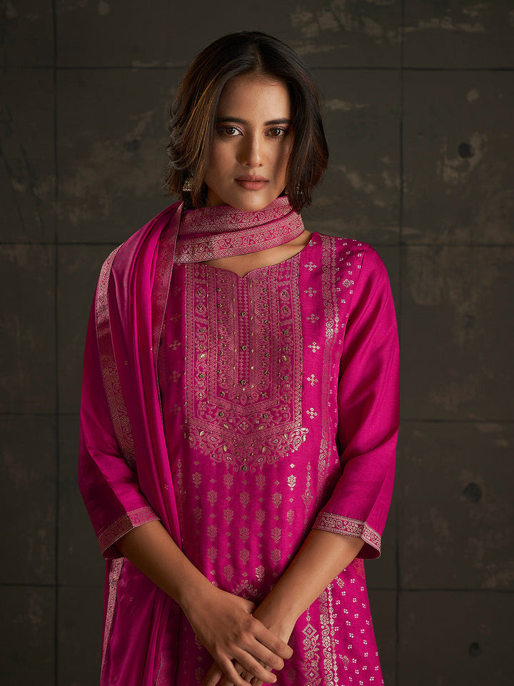 Pink Jacquard Ethnic Motifs Straight Kurta Set  - By Janasya