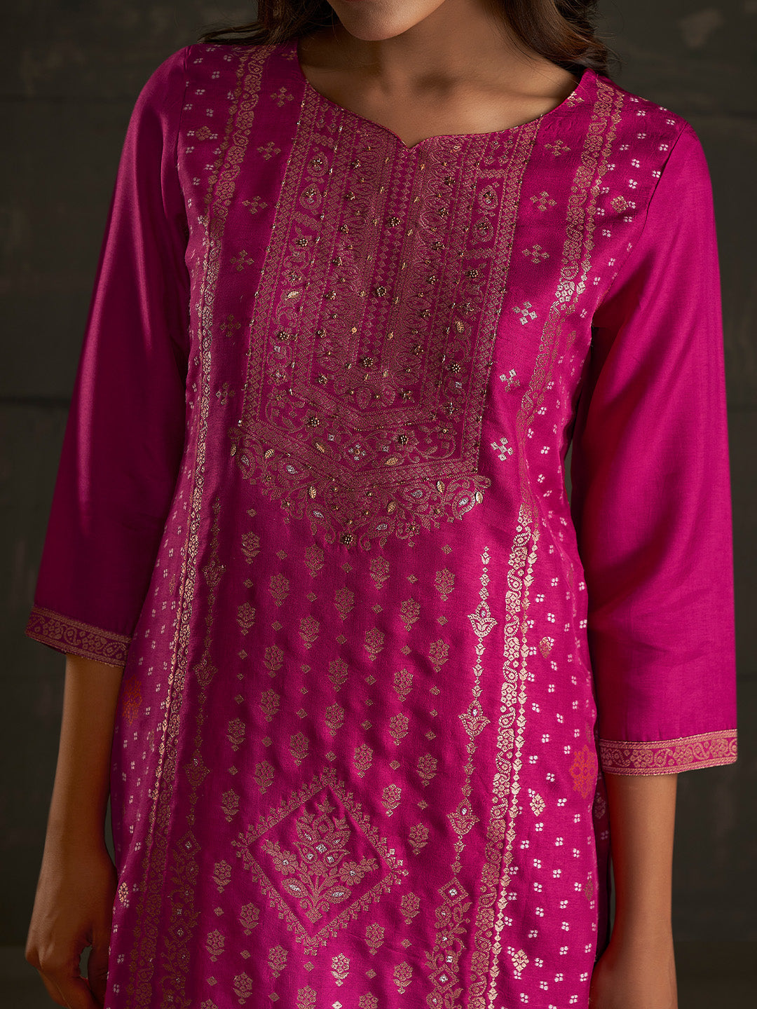 Pink Jacquard Ethnic Motifs Straight Kurta Set  - By Janasya