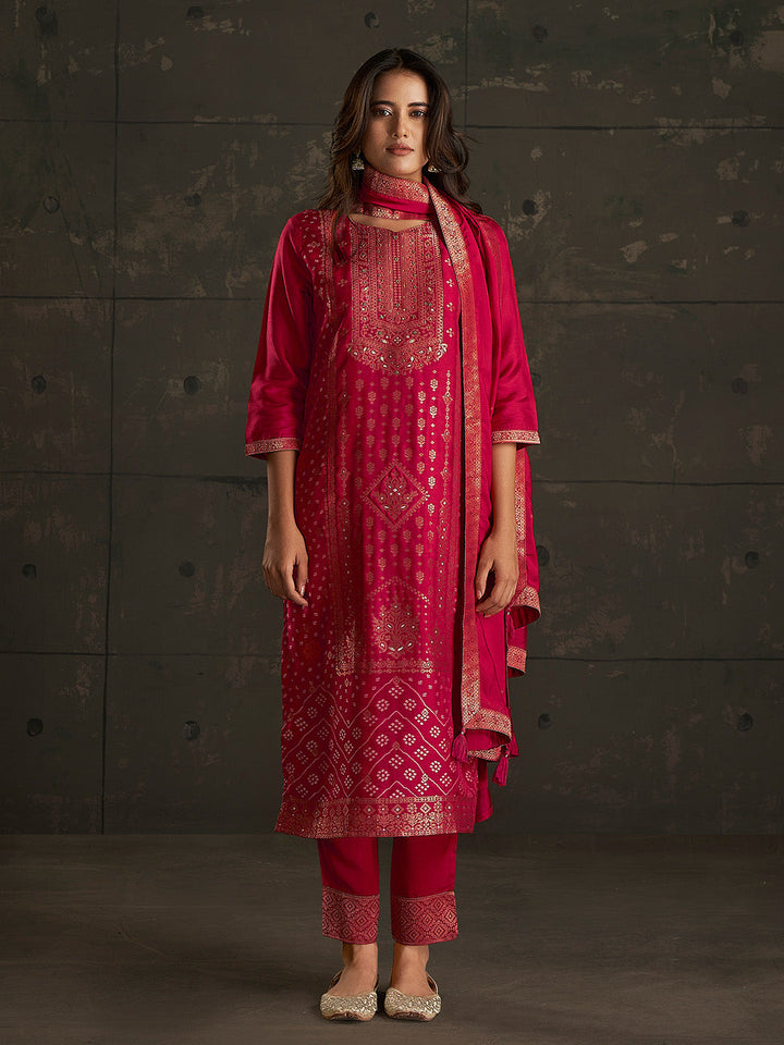 Red Jacquard Ethnic Motifs Straight Kurta Set  - By Janasya