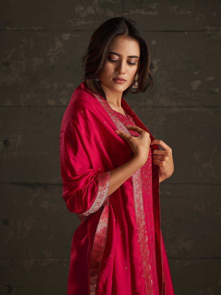 Red Jacquard Ethnic Motifs Straight Kurta Set  - By Janasya