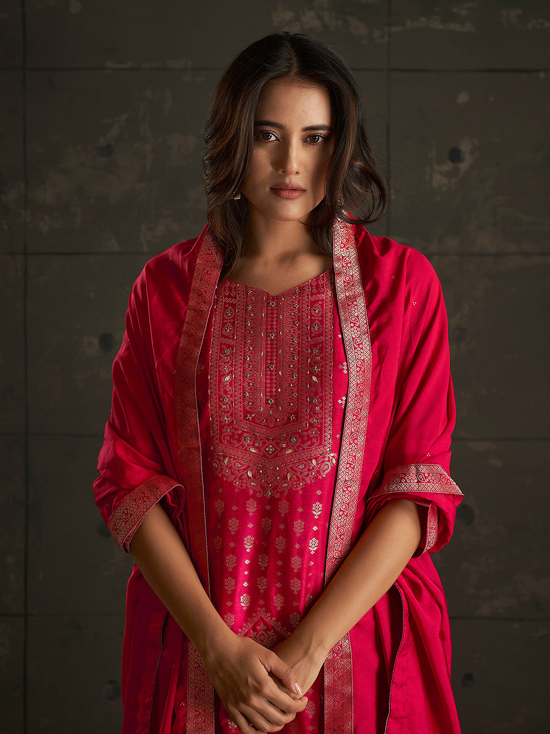 Red Jacquard Ethnic Motifs Straight Kurta Set  - By Janasya