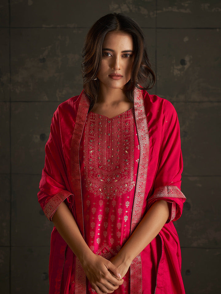 Red Jacquard Ethnic Motifs Straight Kurta Set  - By Janasya