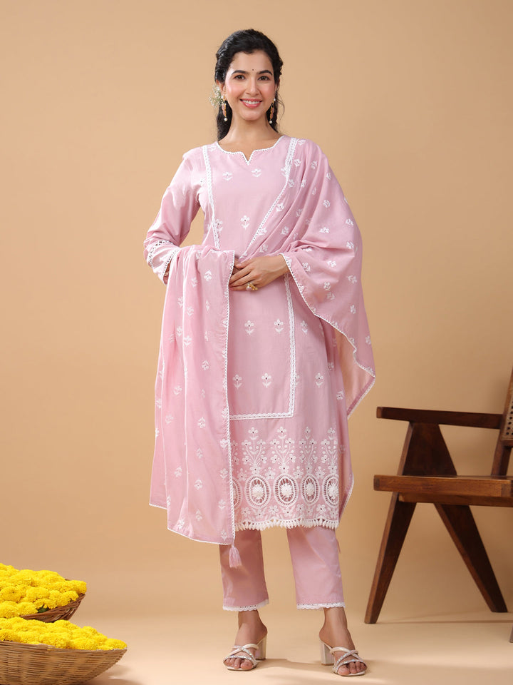 Pink Cotton Embroidered Straight Kurta Set  - By Janasya