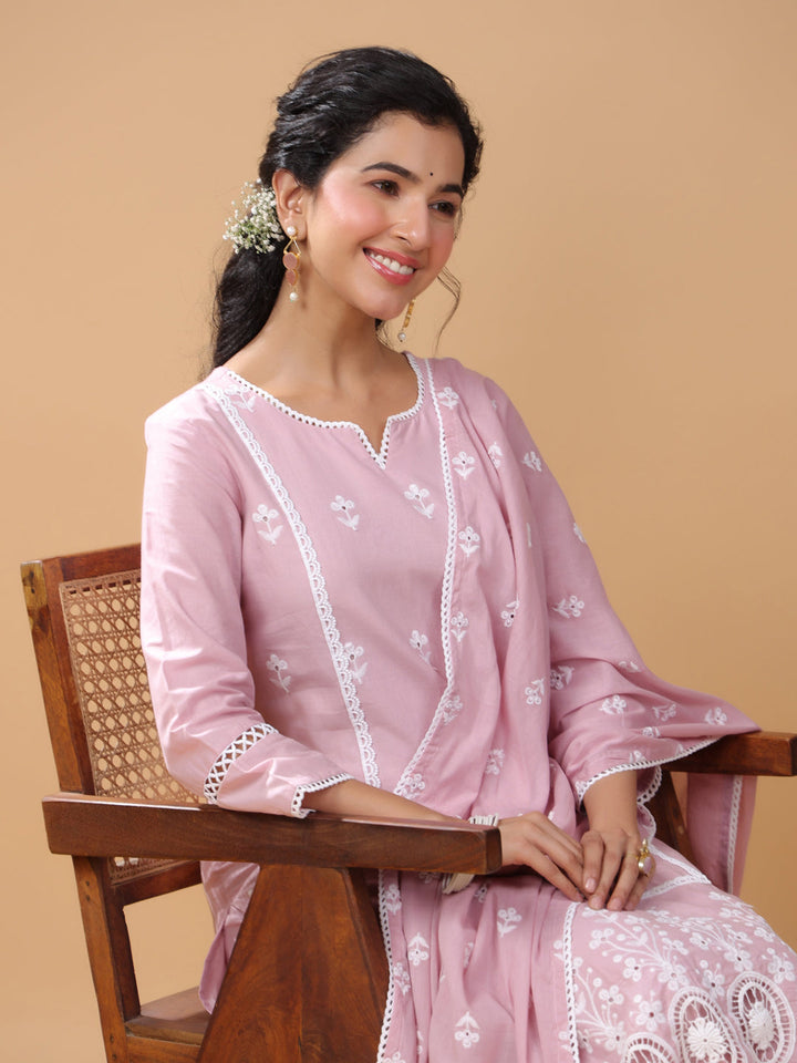 Pink Cotton Embroidered Straight Kurta Set  - By Janasya