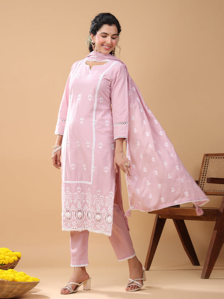 Pink Cotton Embroidered Straight Kurta Set  - By Janasya