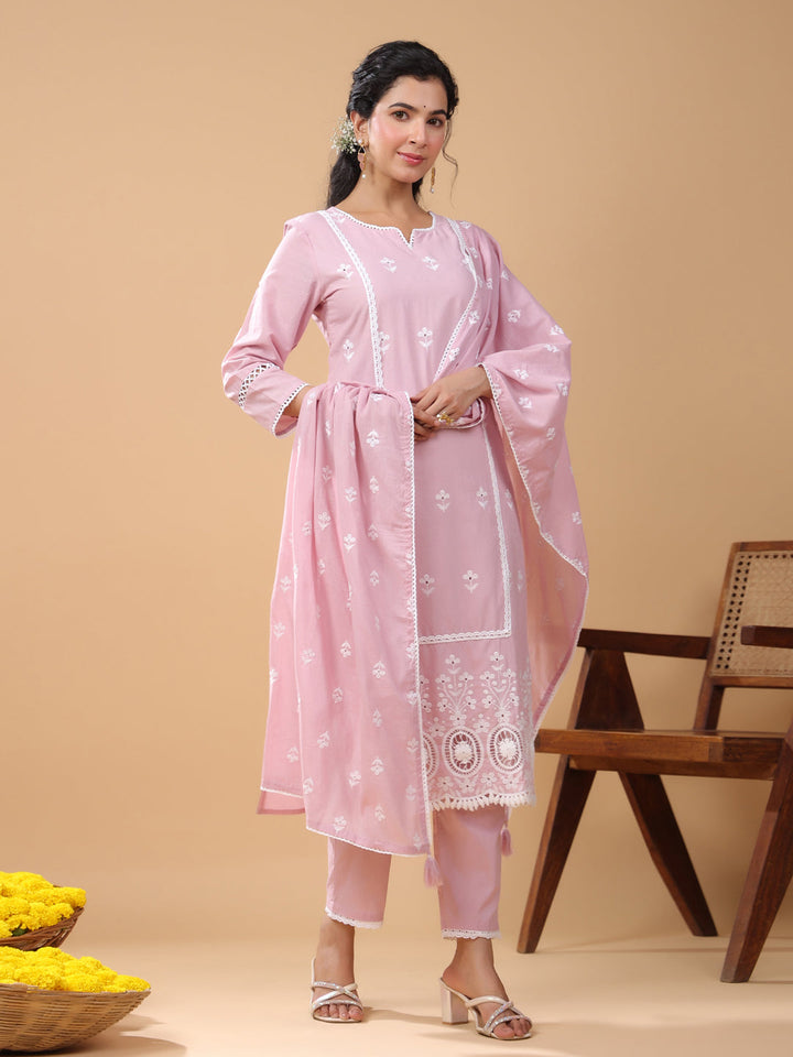 Pink Cotton Embroidered Straight Kurta Set  - By Janasya