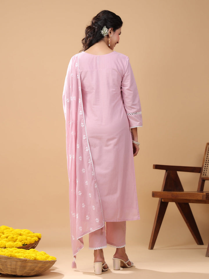 Pink Cotton Embroidered Straight Kurta Set  - By Janasya