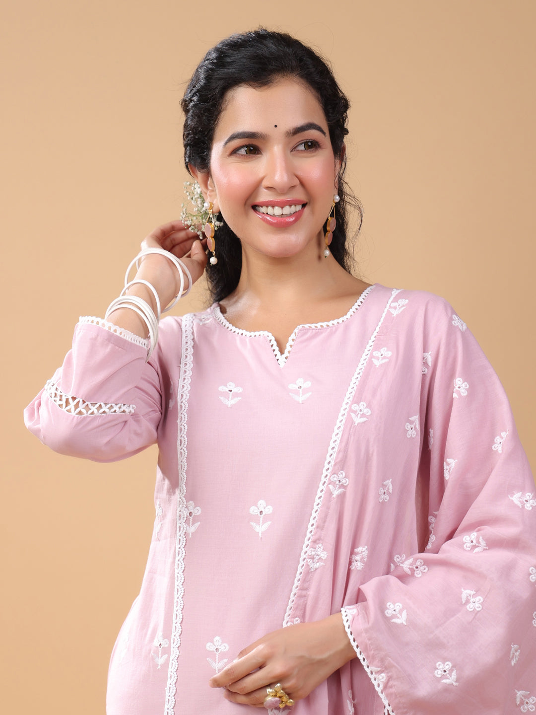 Pink Cotton Embroidered Straight Kurta Set  - By Janasya