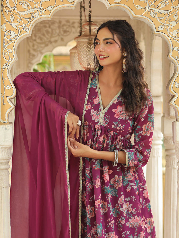 Purple Georgette Floral Printed A-Line Sharara Set  - By Janasya