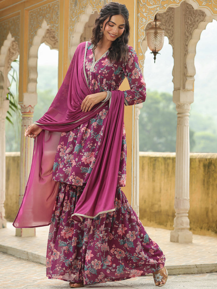 Purple Georgette Floral Printed A-Line Sharara Set  - By Janasya