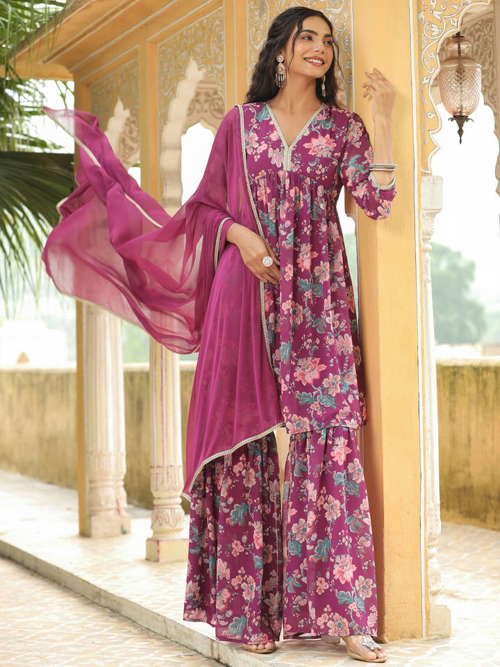 Purple Georgette Floral Printed A-Line Sharara Set  - By Janasya