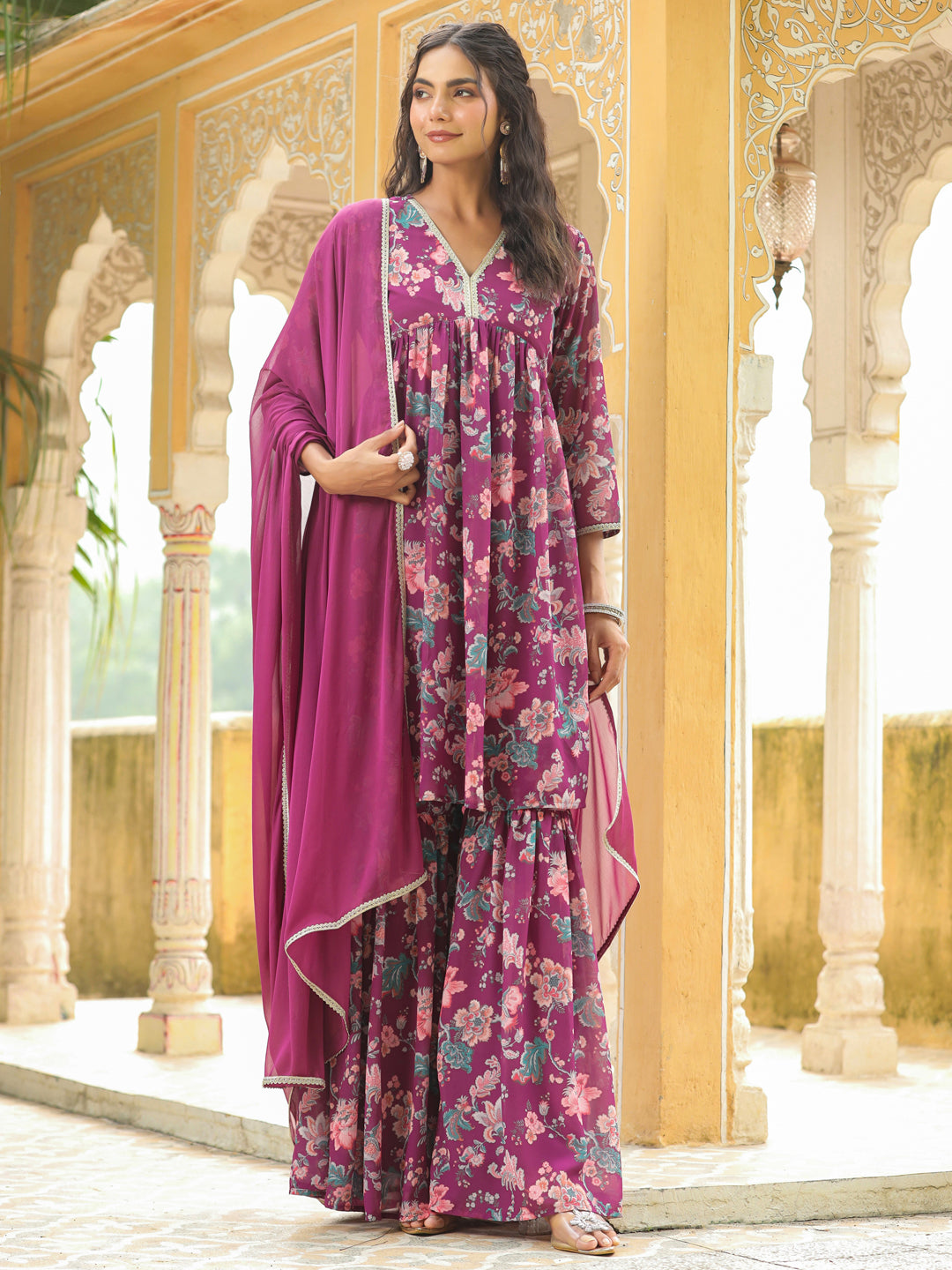 Purple Georgette Floral Printed A-Line Sharara Set  - By Janasya