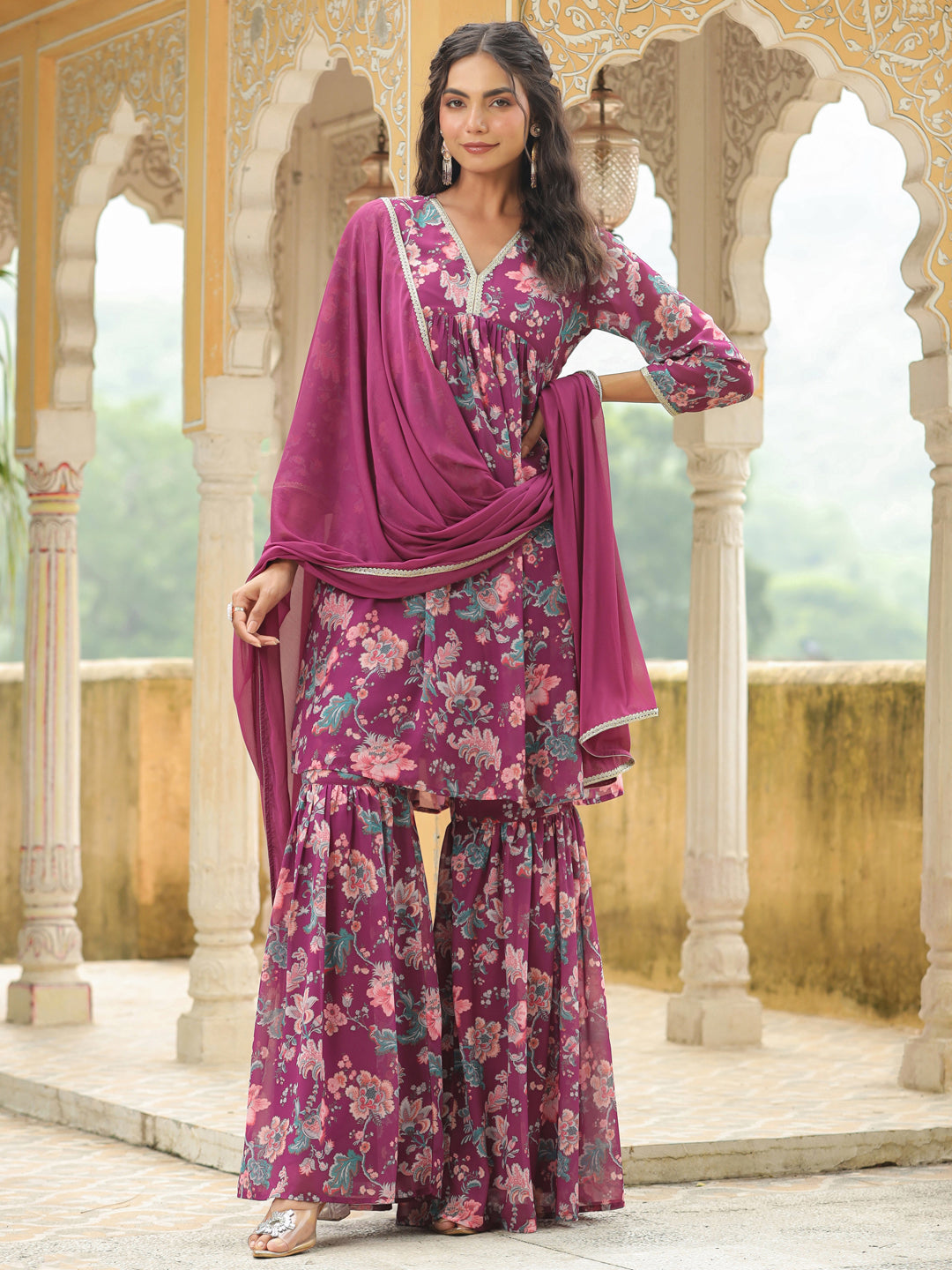 Purple Georgette Floral Printed A-Line Sharara Set  - By Janasya