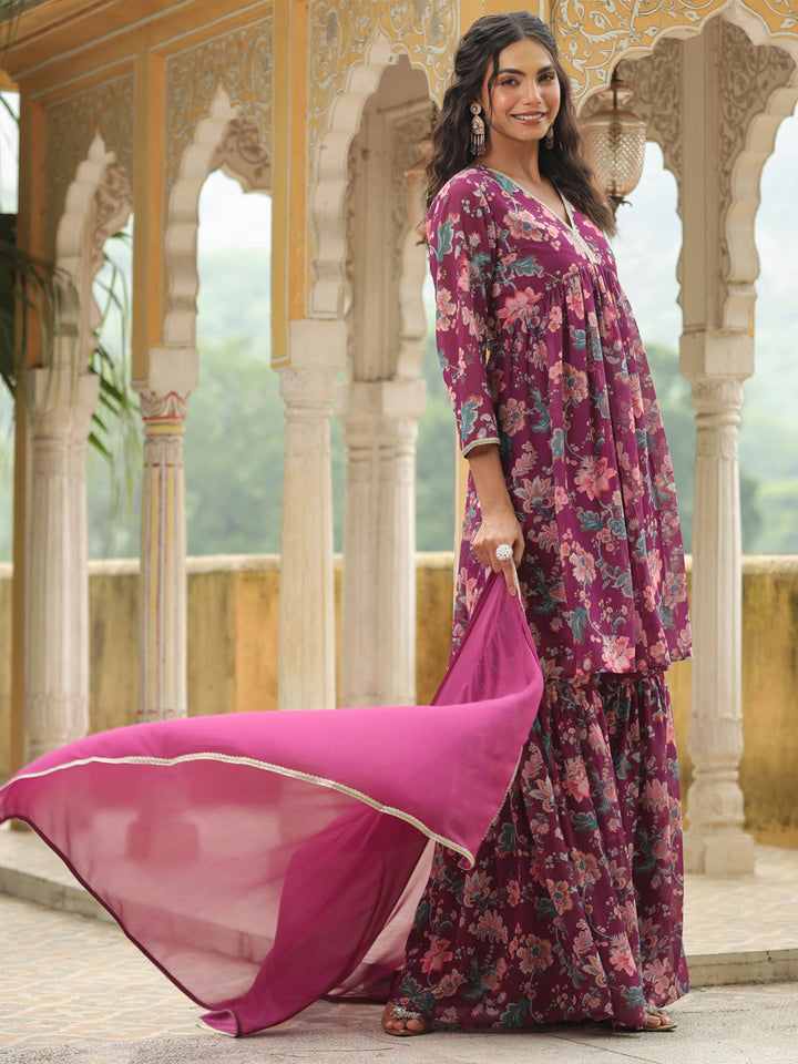 Purple Georgette Floral Printed A-Line Sharara Set  - By Janasya