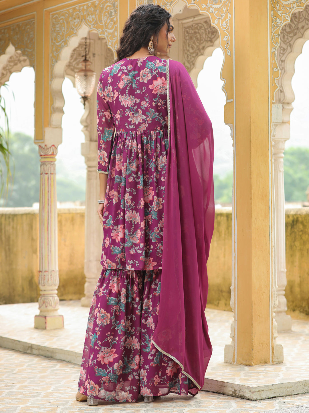 Purple Georgette Floral Printed A-Line Sharara Set  - By Janasya