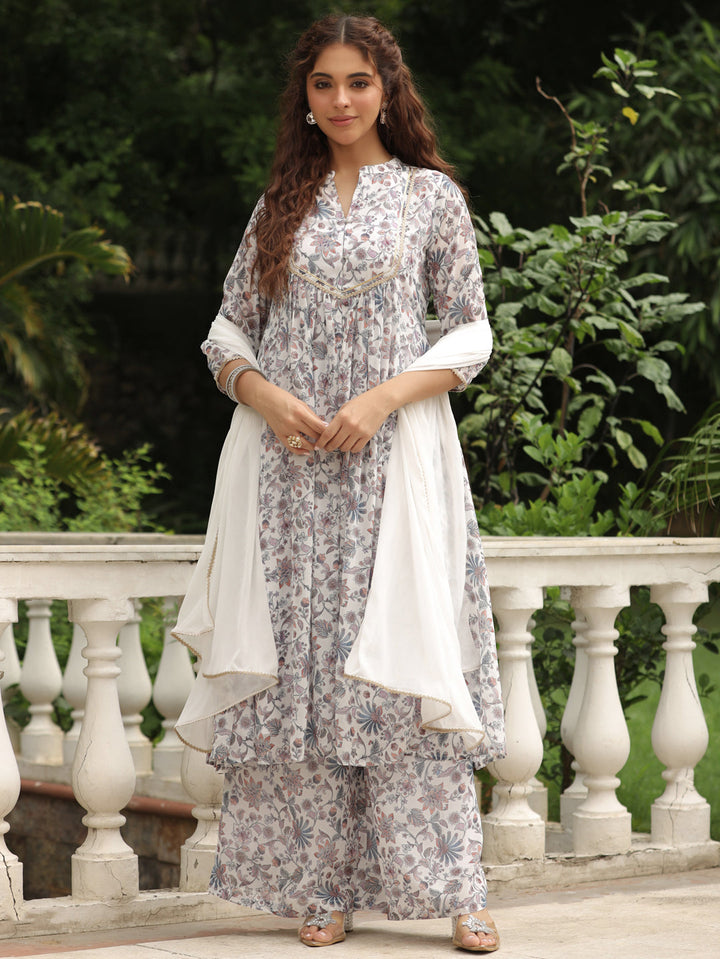 White Georgette Floral Printed A-Line Kurta Set  - By Janasya