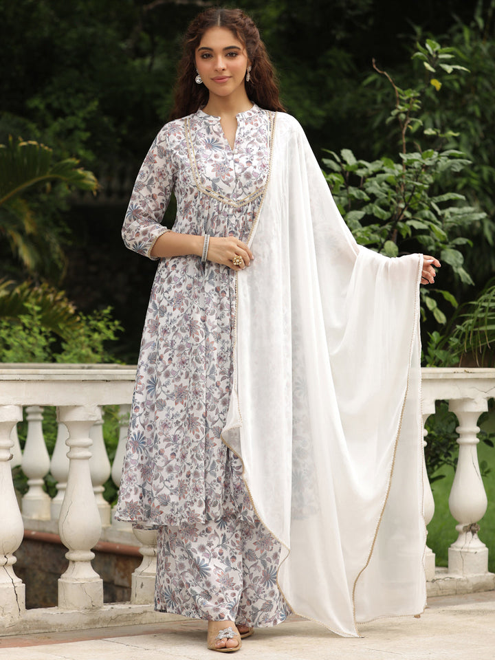 White Georgette Floral Printed A-Line Kurta Set  - By Janasya