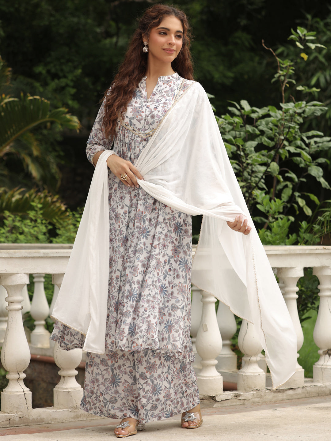 White Georgette Floral Printed A-Line Kurta Set  - By Janasya