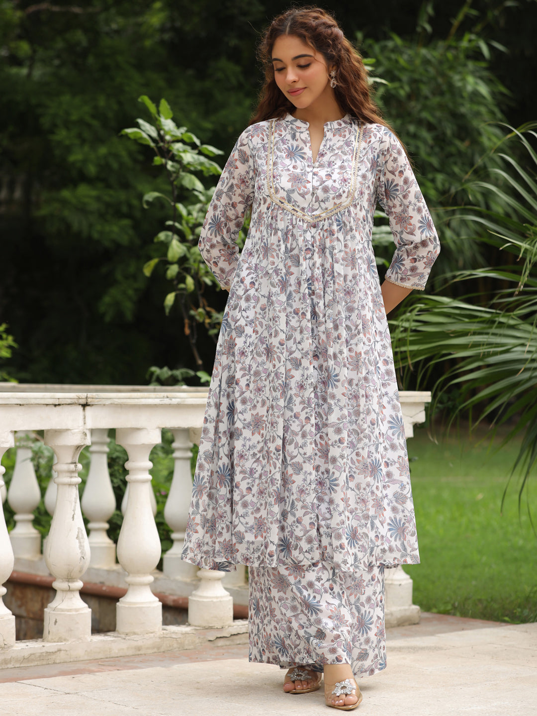 White Georgette Floral Printed A-Line Kurta Set  - By Janasya