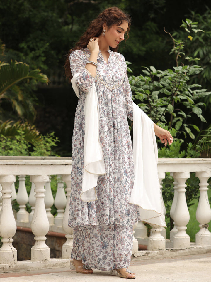 White Georgette Floral Printed A-Line Kurta Set  - By Janasya