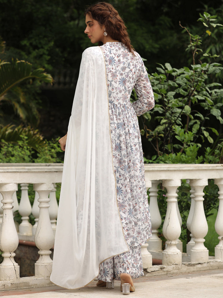 White Georgette Floral Printed A-Line Kurta Set  - By Janasya