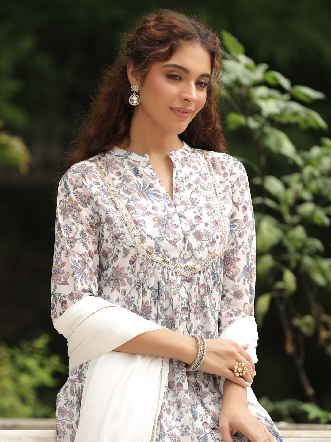 White Georgette Floral Printed A-Line Kurta Set  - By Janasya