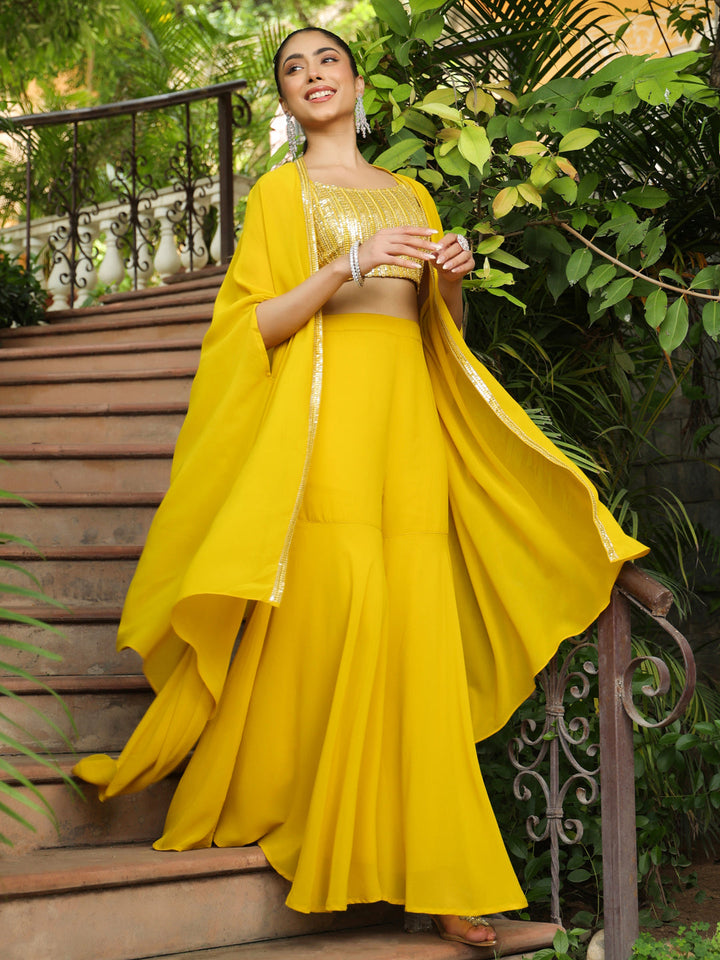 Yellow Georgette Sequined Crop Top With Sharara & Cape Set  - By Janasya