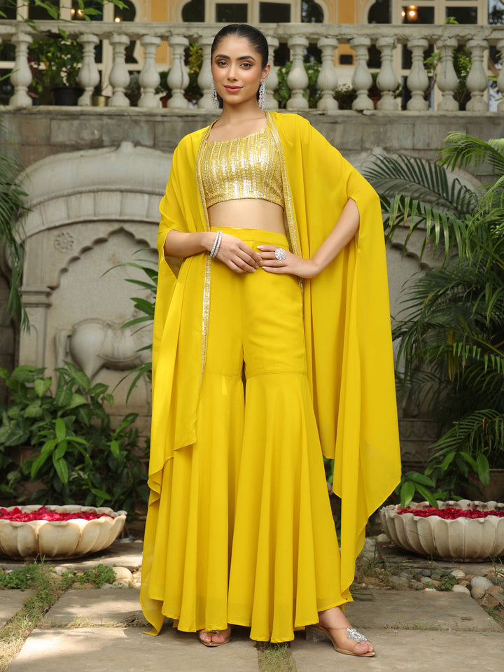 Yellow Georgette Sequined Crop Top With Sharara & Cape Set  - By Janasya