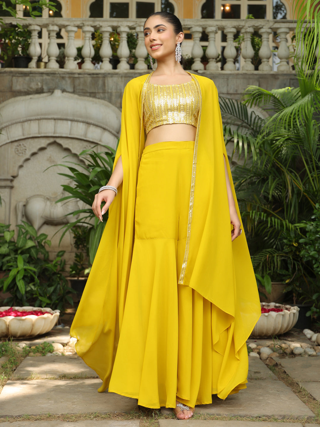 Yellow Georgette Sequined Crop Top With Sharara & Cape Set  - By Janasya