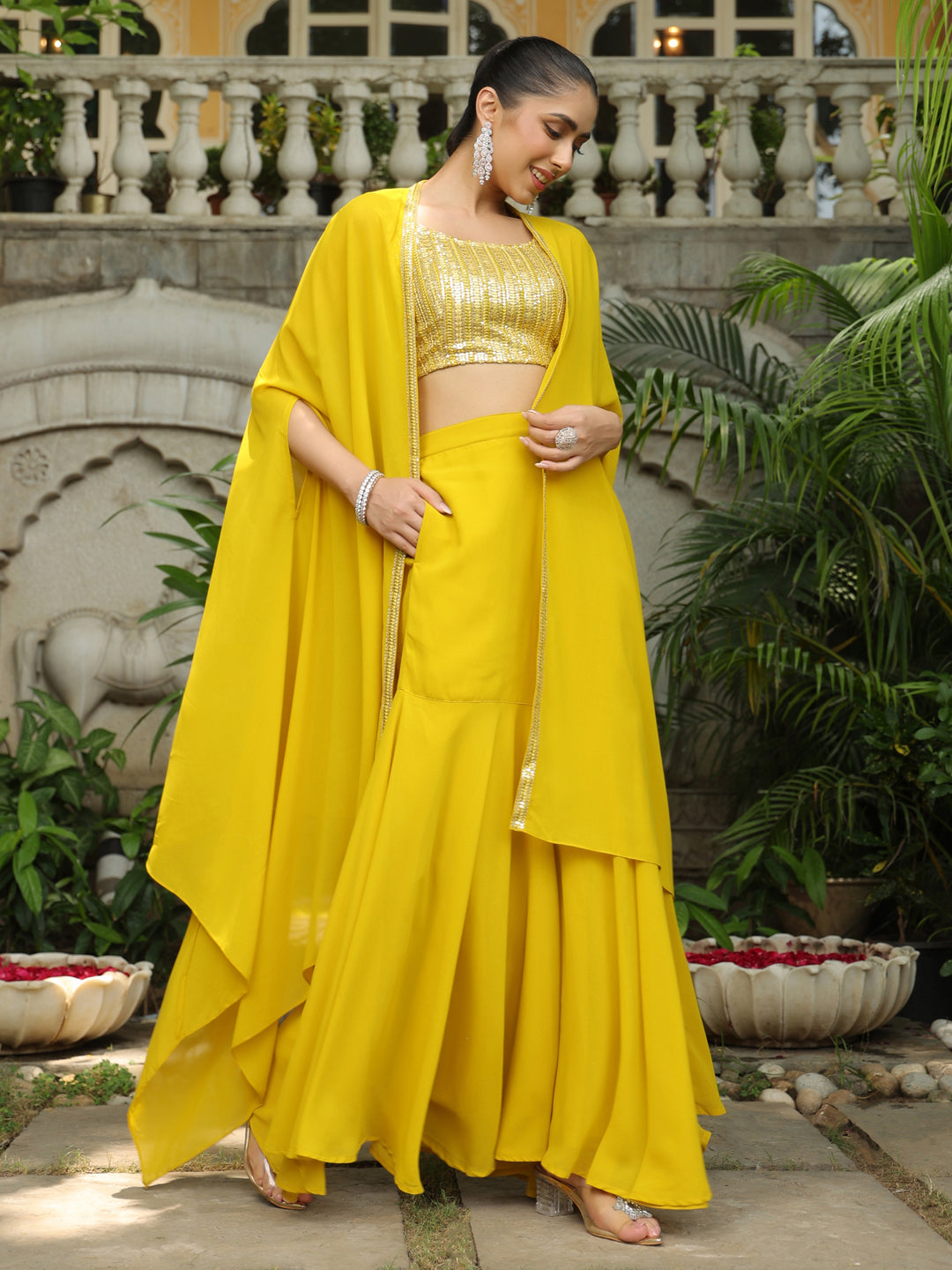 Yellow Georgette Sequined Crop Top With Sharara & Cape Set  - By Janasya