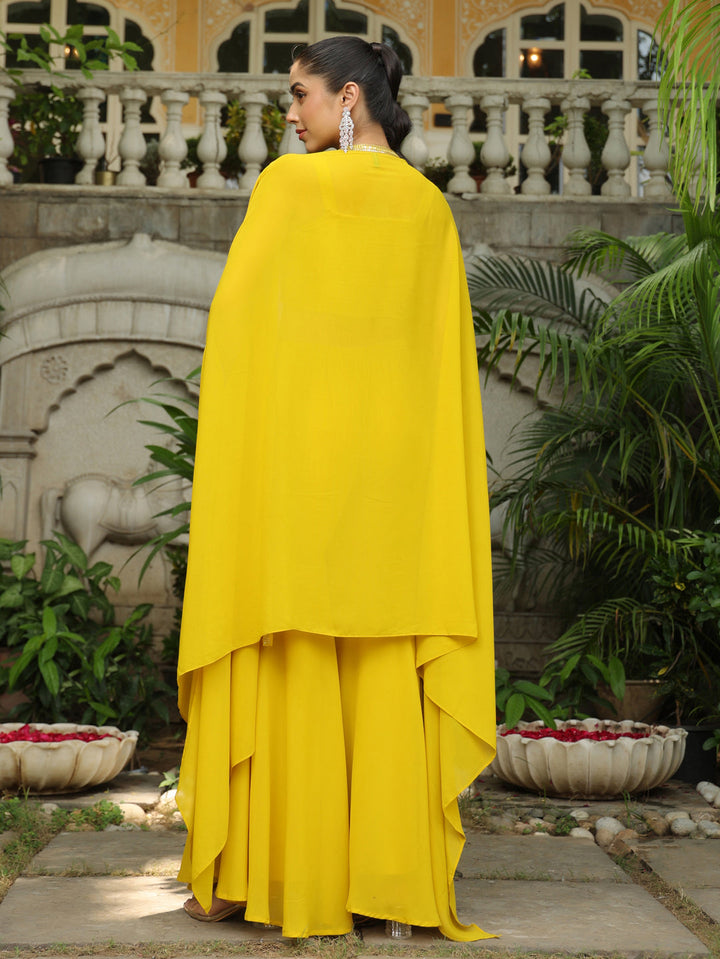 Yellow Georgette Sequined Crop Top With Sharara & Cape Set  - By Janasya