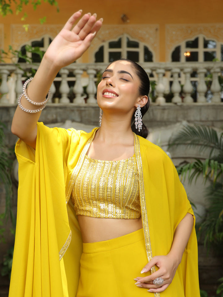 Yellow Georgette Sequined Crop Top With Sharara & Cape Set  - By Janasya