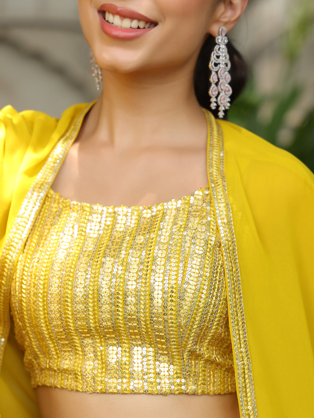 Yellow Georgette Sequined Crop Top With Sharara & Cape Set  - By Janasya