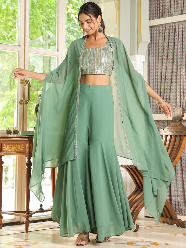 Sage Green Georgette Sequined Crop Top With Sharara & Cape Set  - By Janasya