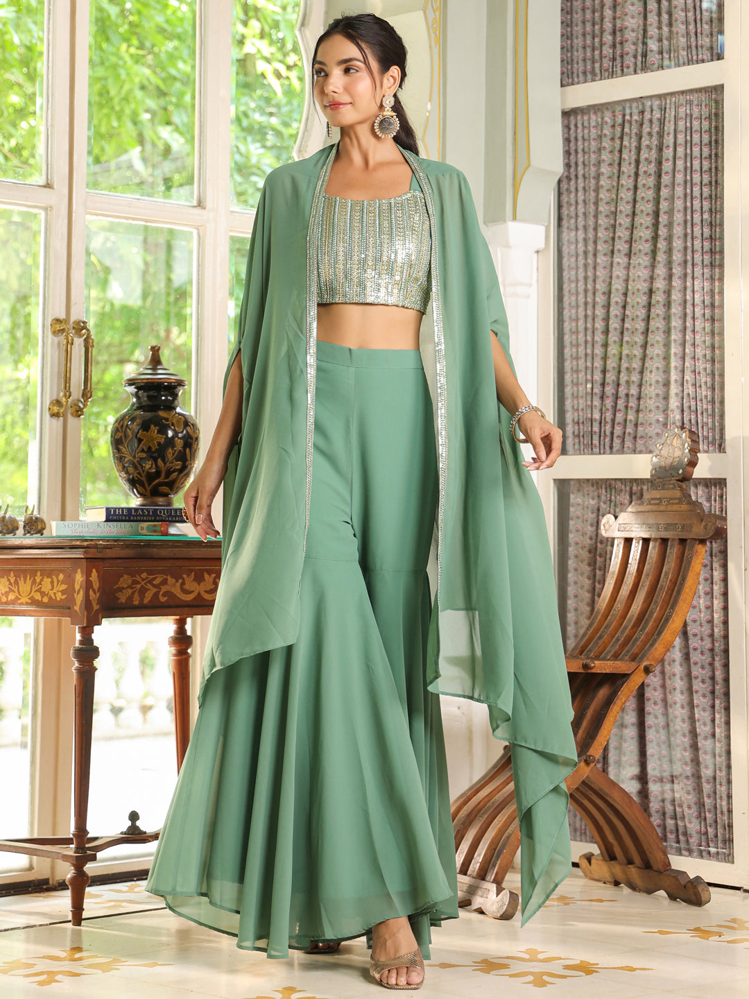 Sage Green Georgette Sequined Crop Top With Sharara & Cape Set  - By Janasya