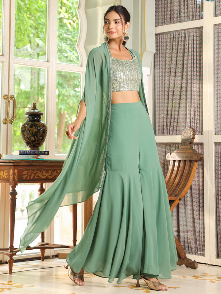 Sage Green Georgette Sequined Crop Top With Sharara & Cape Set  - By Janasya