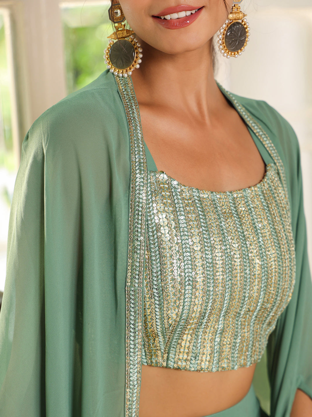 Sage Green Georgette Sequined Crop Top With Sharara & Cape Set  - By Janasya