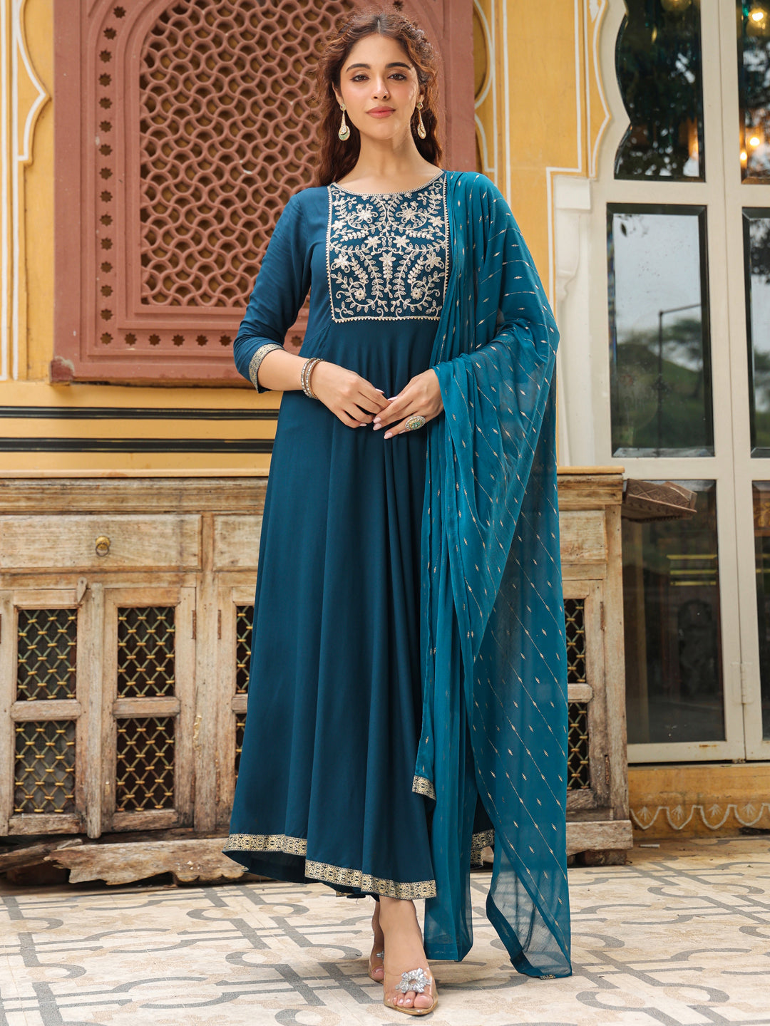 Teal Blue Rayon Yoke Embroidered Anarkali Kurta Set  - By Janasya