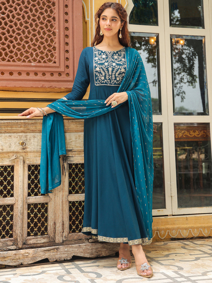 Teal Blue Rayon Yoke Embroidered Anarkali Kurta Set  - By Janasya